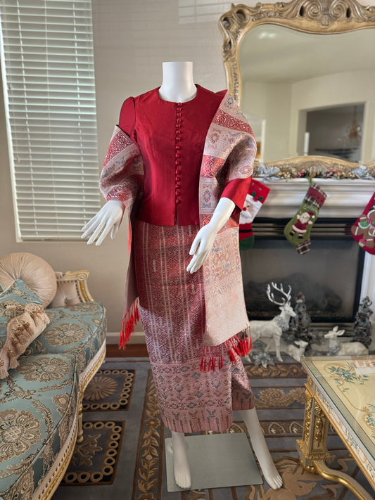 Traditional Laotian Red Silk Set